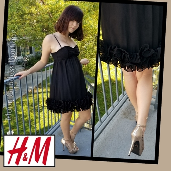 H&M ✦ Black Ruffle Hem Mini Dress ✦ Cocktail Prom Formal Strapless Sz 4 EUC - Picture 6 of 11